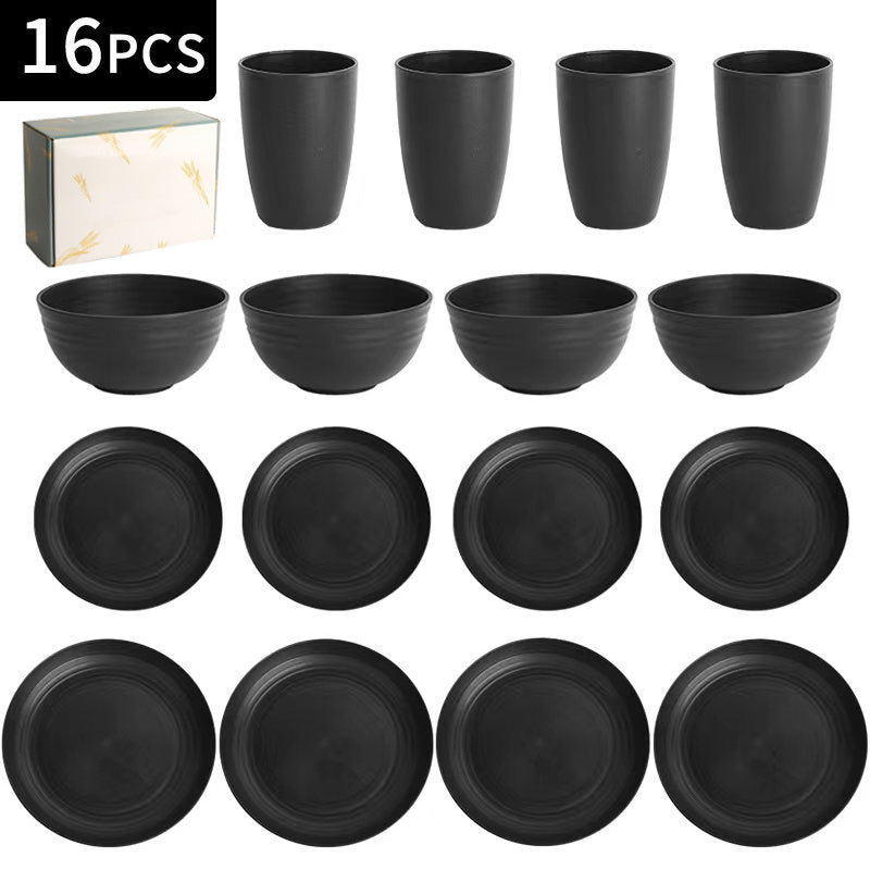 Boxed Bowl Dish Plate Cup Suit Black Wheat Dinning Bowl And Plate Dish Cup 16-piece Set